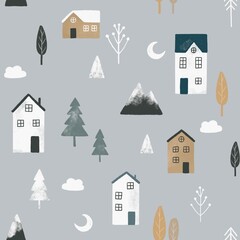 Fototapeta premium Winter nordic village background, house, green tree, mountain, cloud, bear, Scandinavian seamless pattern, Christmas party wrapping paper, New Year craft pattern, hand draw cover background