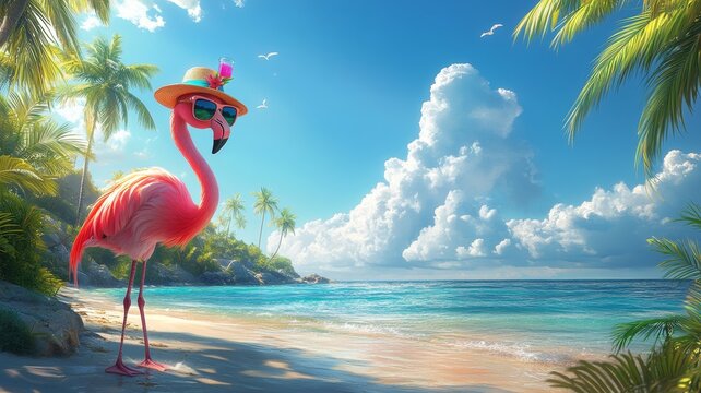 A playful, cartoon-style illustration of a flamingo with oversized sunglasses and a sunhat, standing on one leg on a beach with a colorful drink in its wing