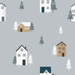Winter nordic village background, house, green tree, mountain, cloud, bear, Scandinavian seamless pattern, Christmas party wrapping paper, New Year craft pattern, hand draw cover background