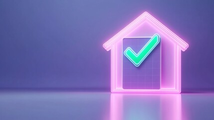 A glowing neon house icon with a check mark, symbolizing approved housing or real estate success against a gradient background.