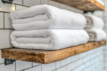 Stacked white towels on a wooden shelf in a clean, minimalistic bathroom with a spa vibe