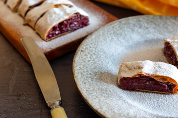 Cherry strudel on a plate