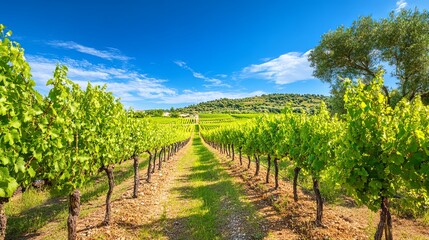 Obraz premium A picturesque vineyard landscape under a bright blue sky, showcasing rows of grapevines and lush greenery.