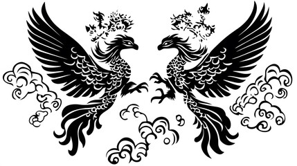 Phoenixes soaring in the sky, majestic figures with wide wings, surrounded by auspicious clouds, embodying prosperity and good fortune.