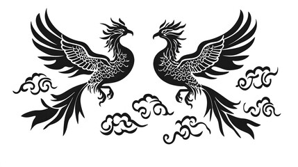 Obraz premium Majestic Phoenixes in Flight, two elegant phoenixes soaring with wings spread wide, set against auspicious cloud patterns, symbolizing prosperity.