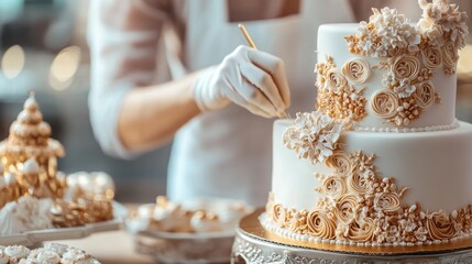 hands of a baker decorating a cake closeup