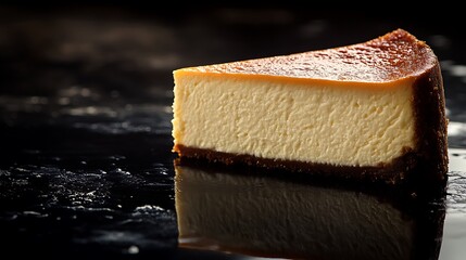 A single slice of plain cheesecake on a shiny black surface, dark background with soft ambient lighting, creamy texture visible, reflections creating subtle highlights, minimalist composition,