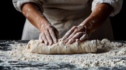 hands kneading dough on table