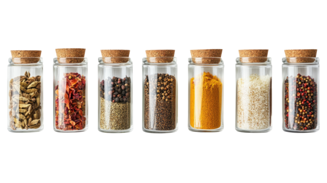 spices in jars on a transparent background