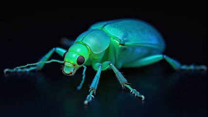 Naklejka premium a green beetle with a green muzzle in closeup on a black background