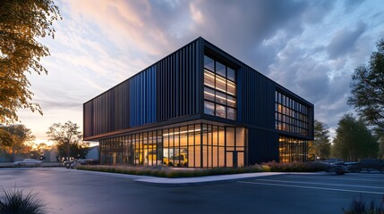 Obraz premium Photo of an industrial building with black steel and blue accents, modern design