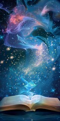 A mesmerizing image of an open book with magical galaxy and stars flowing out, set against a mystical night sky backdrop.