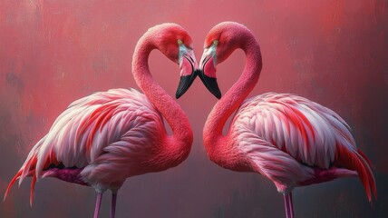 Naklejka premium An artistic, minimalist depiction of two flamingos facing each other, their necks forming a heart shape, with a simple, pastel-colored background