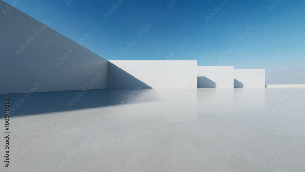Poster 3d render of abstract modern concrete architecture with empty cement floor, minimal exterior, car pr