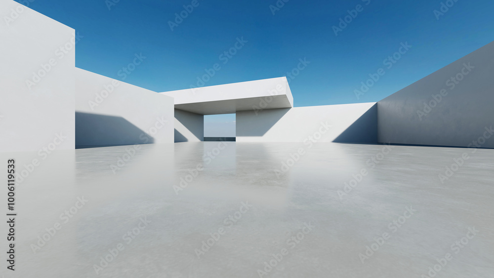 Poster 3d render of abstract modern concrete architecture with empty cement floor, minimal exterior, car pr