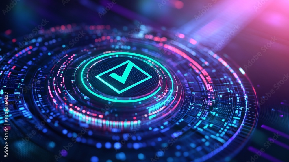 Poster abstract digital interface with a glowing check mark symbol, representing validation and confirmatio