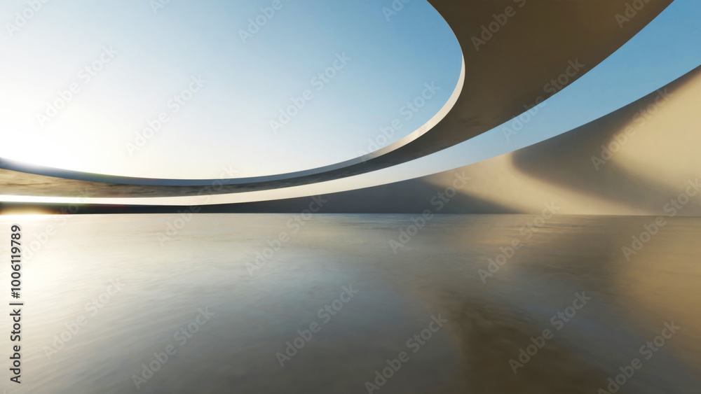 Aufkleber 3d render of abstract curve structure futuristic architecture with empty concrete floor