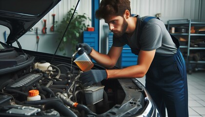 Fototapeta premium Mechanic Checking Car Cooling System in Workshop