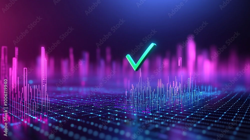 Poster abstract digital technology background with colorful data visualization and a green check mark.