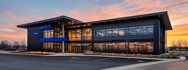 Photo of an industrial building with black steel and blue accents, modern design