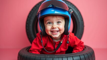 A child boy in a blue helmet is sitting in a car tire