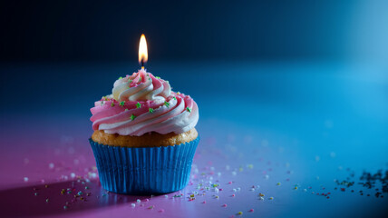 A vibrant and colorful scene of a cupcake with a single lit candle on top. The cupcake is adorned with pink and white frosting, sprinkled with star-shaped decorations