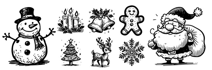 christmas illustrations featuring snowflake, reindeer, candles, and gingerbread man black vector