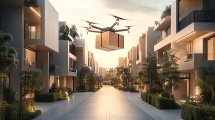 Fototapeta premium A drone delivering a package in a modern residential neighborhood at sunset.