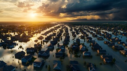 Dramatic Panoramic Aerial View of a Flooded Suburban Neighborhood with Rows of Partially Submerged Houses and Streets Reflective Rising Waters People Evacuating in Boats and a Cloudy Ominous Sky
