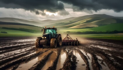 Muddy Tractor in Action Plowing Through Wet Fields