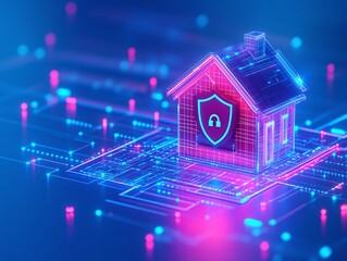 Naklejka premium Digital house model with a shield representing home security and smart technology.