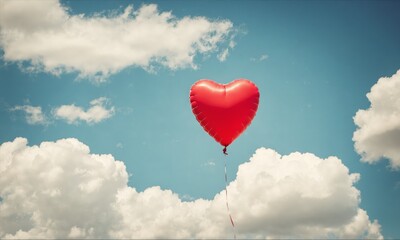 Fototapeta premium Red heart-shaped balloon floating in a blue sky with white clouds