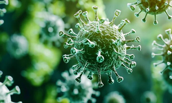 concept of corona virus covid 19 with microscope, 3d illustration of virus in computer