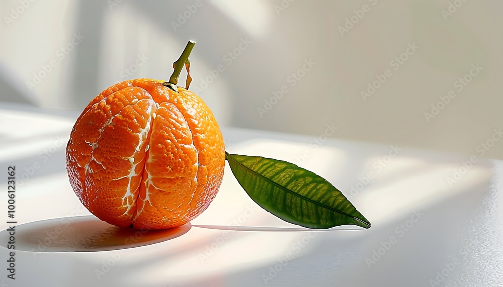 Wall mural a ripe orange with a smooth peel and a green leaf attached placed on a pristine white surface castin