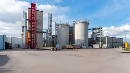 Obraz premium Modern industrial plant with silos and machinery under a clear blue sky, showcasing operational efficiency and technology.