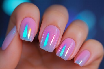 Holographic pink nails shining with rainbow reflections, polished to a mirror like, glossy finish
