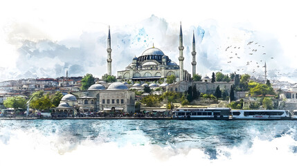 Naklejka premium Istanbul skyline panorama, vibrant cityscape, historic architecture, Bosphorus views, cultural blend, artistic interpretation, expansive horizon