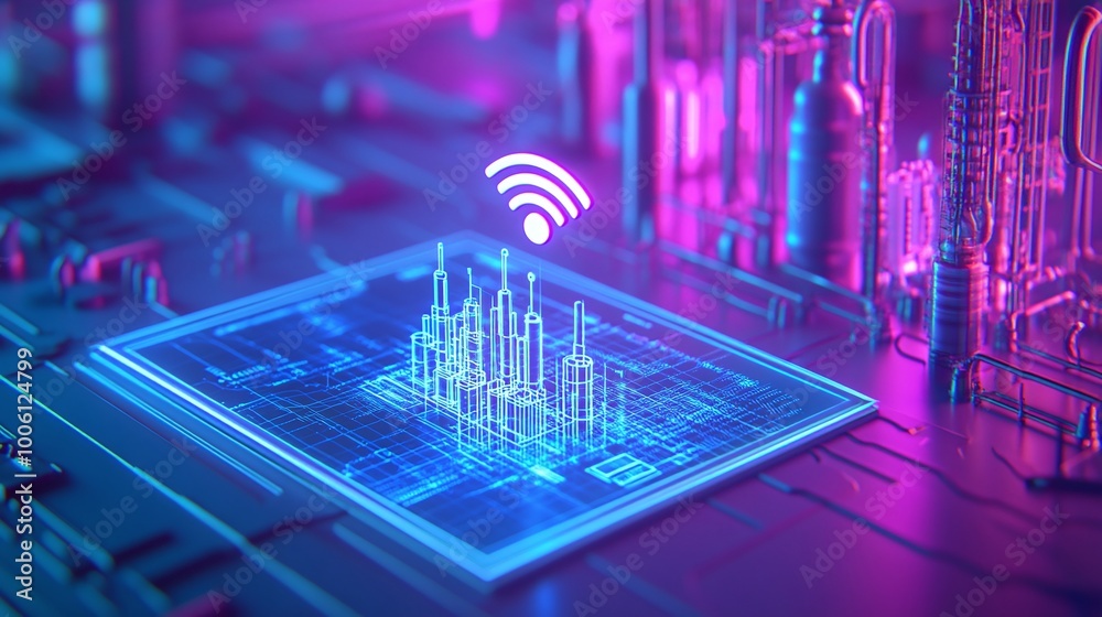Poster futuristic circuit board with glowing graphics representing wireless connectivity and data flow.