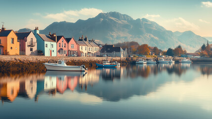 Fototapeta premium A tranquil fishing village set against mountains, reflected in the water. Colorful houses line the waterfront, with small fishing boats moored nearby