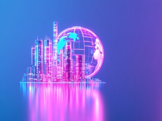 Obraz premium Futuristic cityscape with a glowing globe, featuring neon colors and reflections on calm waters.