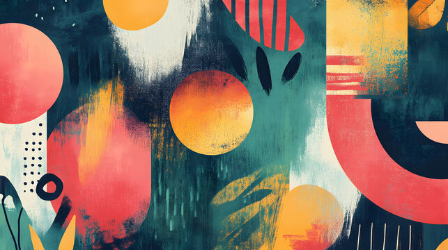 Whimsical Abstract Design for Label Illustration, vibrant colors, playful shapes, engaging backdrop, perfect for creative branding