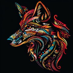 Fox head silhouette featuring vibrant tribal designs.