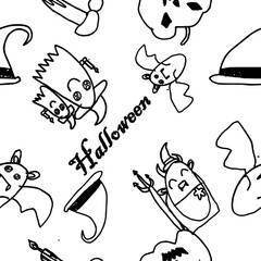 hand drawn Halloween cartoon, set of Halloween doodle icon from hand drawing style of black line on white background pumpkin, hat, ghost, candle, bat