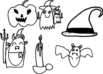 Cartoon, hand drawn Halloween cartoon, set of Halloween doodle icon from hand drawing style of black line on white background pumpkin, hat, ghost, candle, bat
