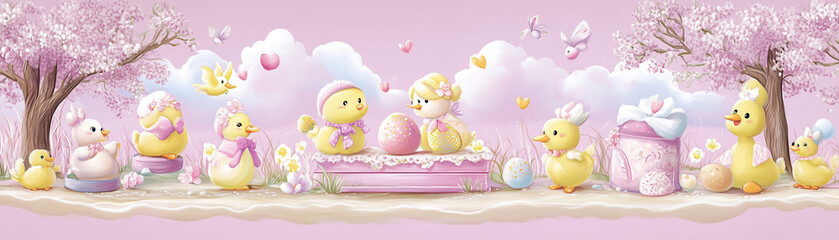 Panoramic Easter composition on a pink background depicting a chikens and eggs