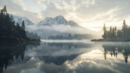 misty morning scene with calm lake reflecting majestic mountains