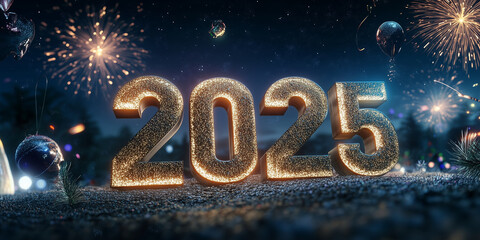 Happy New Year 2025 banner featuring a huge, gleaming "2025" in gold, set against a background of a starry night sky with bright fireworks and floating festive elements.