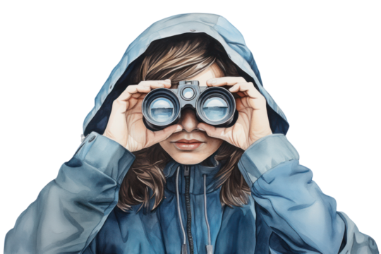 Close-up of a person holding binoculars up to their eyes, focusing intently, with a white background