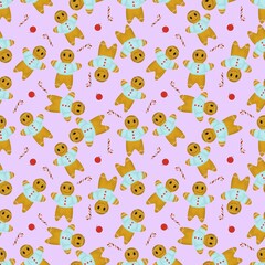 Seamless pattern for Christmas design with gingerbread man, cookies and candies