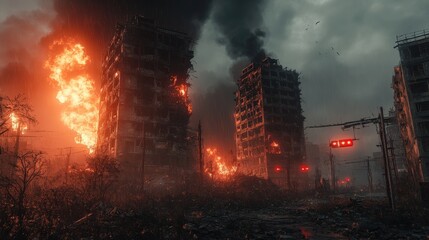 Fototapeta premium Post-Apocalyptic Cityscape with Burning Skyscrapers, Debris, and Cinematic Destruction